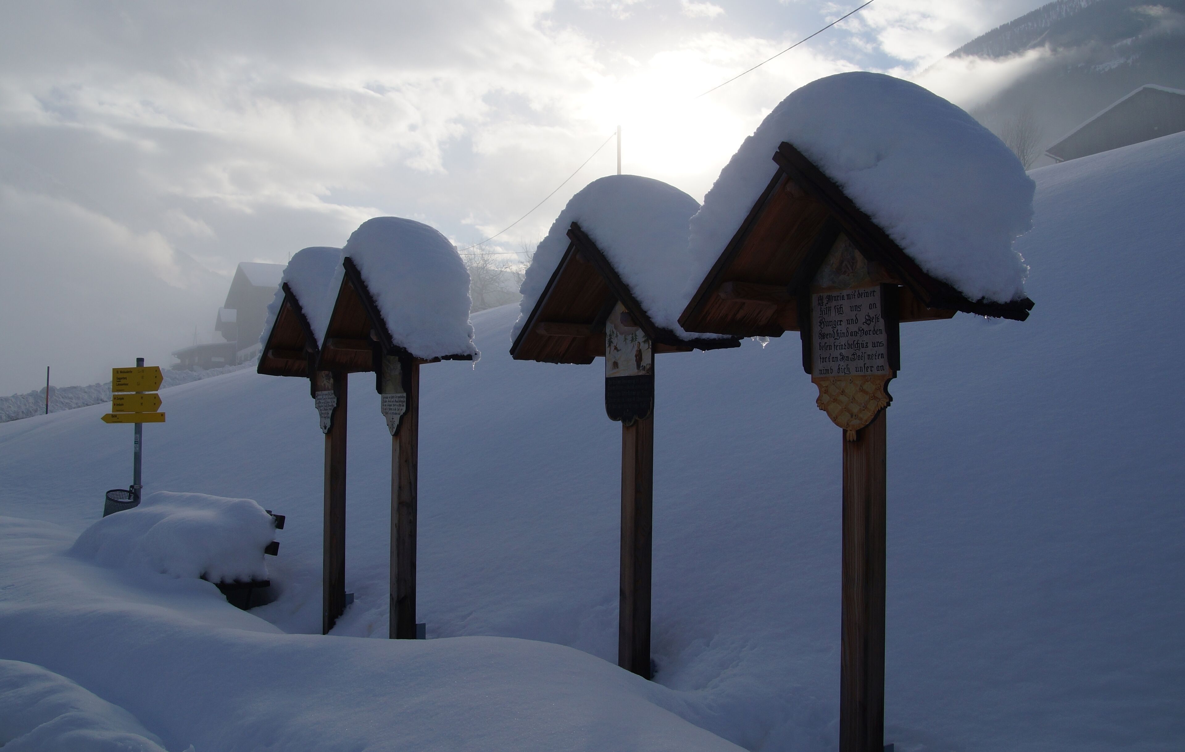 A row of wooden signs covered in snow, with a yellow sign to the left.