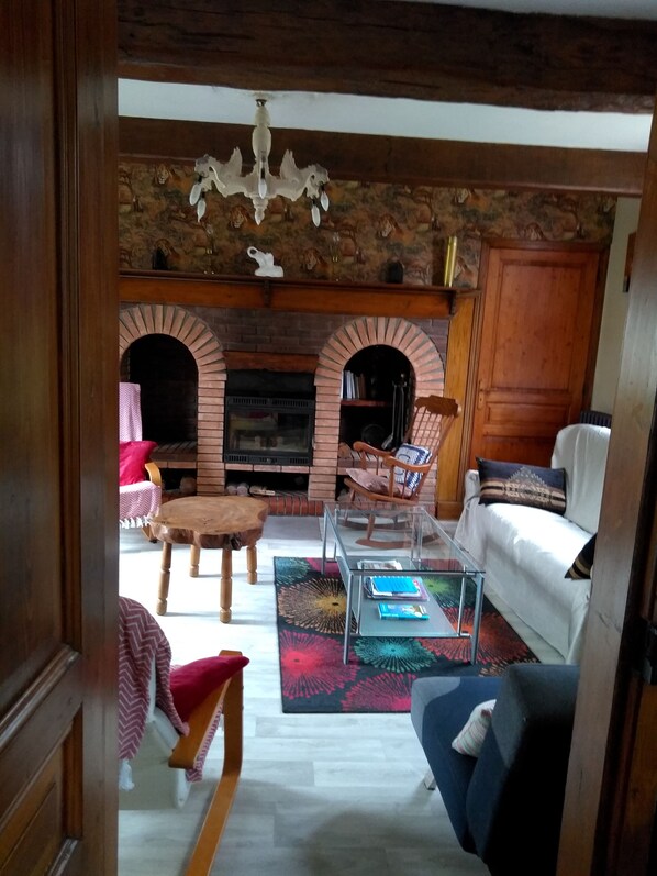 Télévision, cheminée, livres