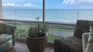 A room with a large window overlooking a beach, a potted plant, and two patterned chairs.