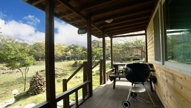 Un espace extérieur abrité comprenant un barbecue, une terrasse en bois et une vue sur un jardin et des arbres.