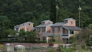 Una hilera de casas de ladrillo con techos planos, rodeadas de un bosque denso.