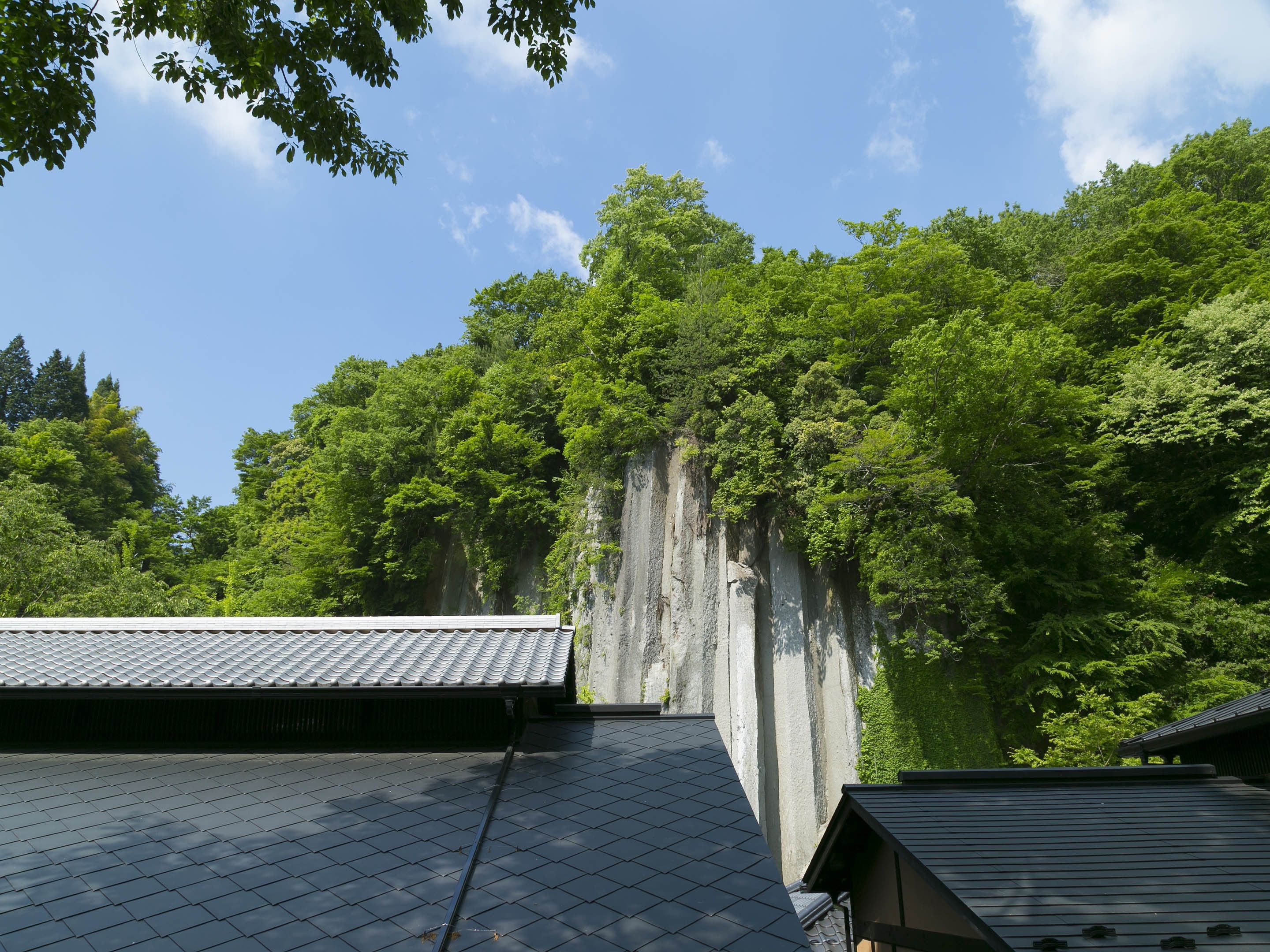 A building with a tiled roof and a view of a forested cliff.