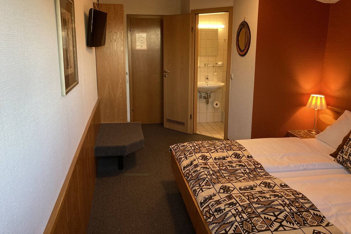 Une chambre d’hôtel comprenant un lit, une banquette, une télévision, une salle de bain avec un lavabo et un miroir.