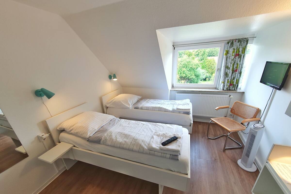 A bedroom with two beds, a window with curtains, a chair, a TV, and a heater.