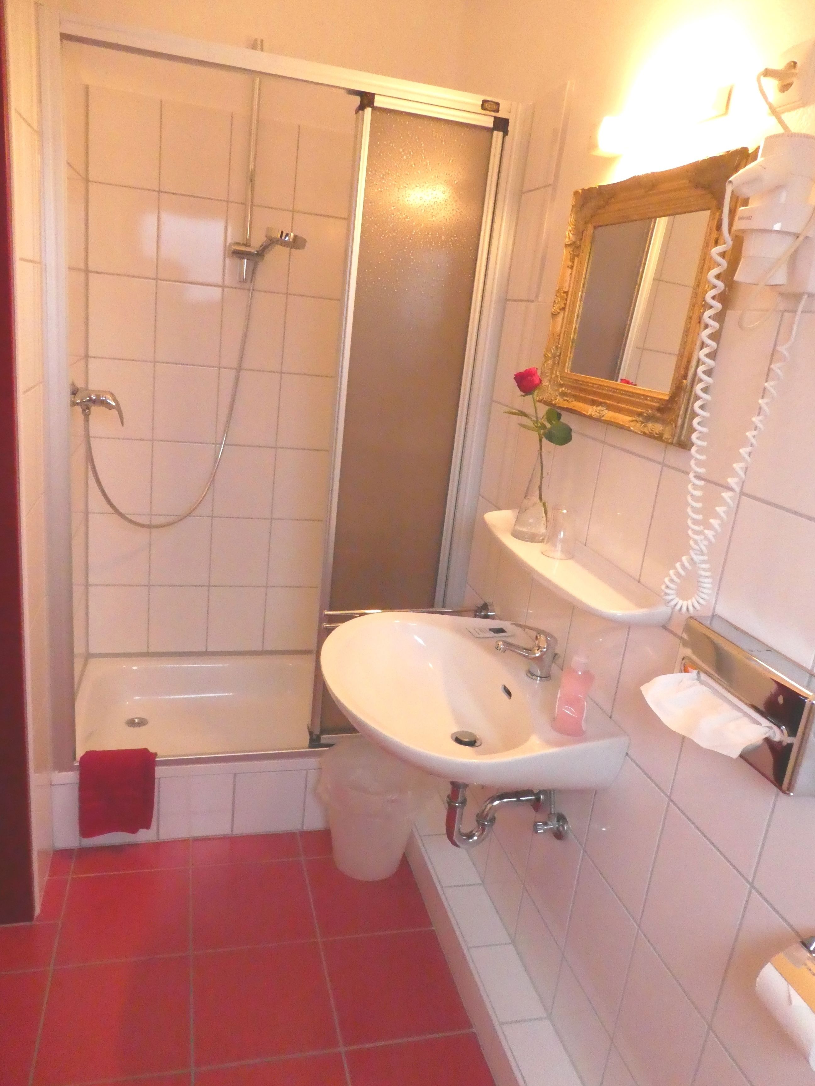 Une salle de bain avec une douche, un lavabo et un miroir.