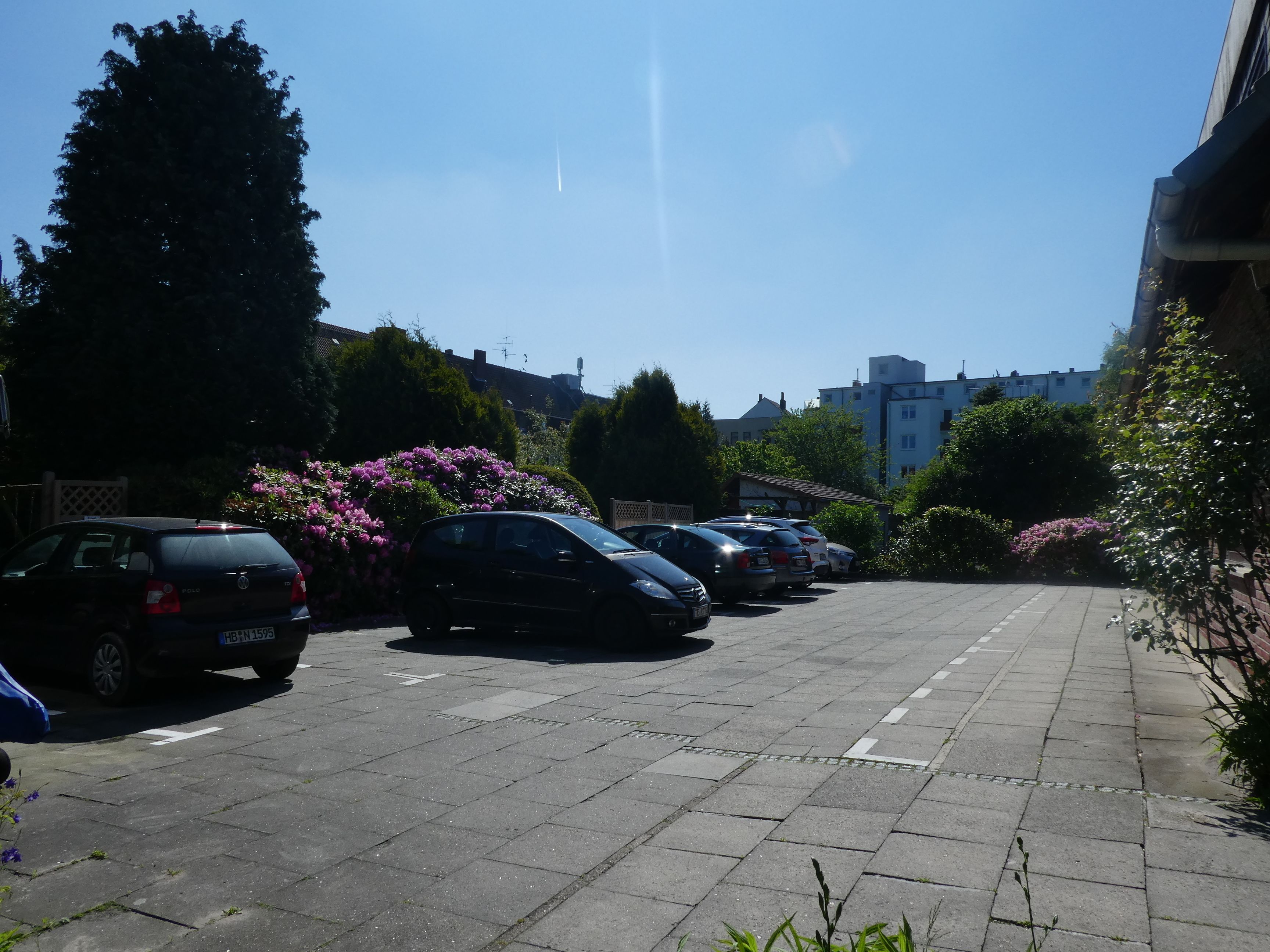 Un parking où sont garées plusieurs voitures, entouré d’arbres et d’arbustes en fleurs.