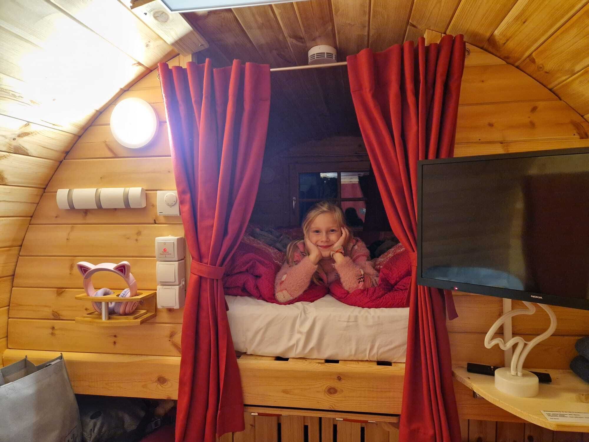 Un chalet confortable avec un intérieur en bois, un lit avec des rideaux rouges, une télévision et une petite étagère sur laquelle se trouve un objet en forme de chat.
