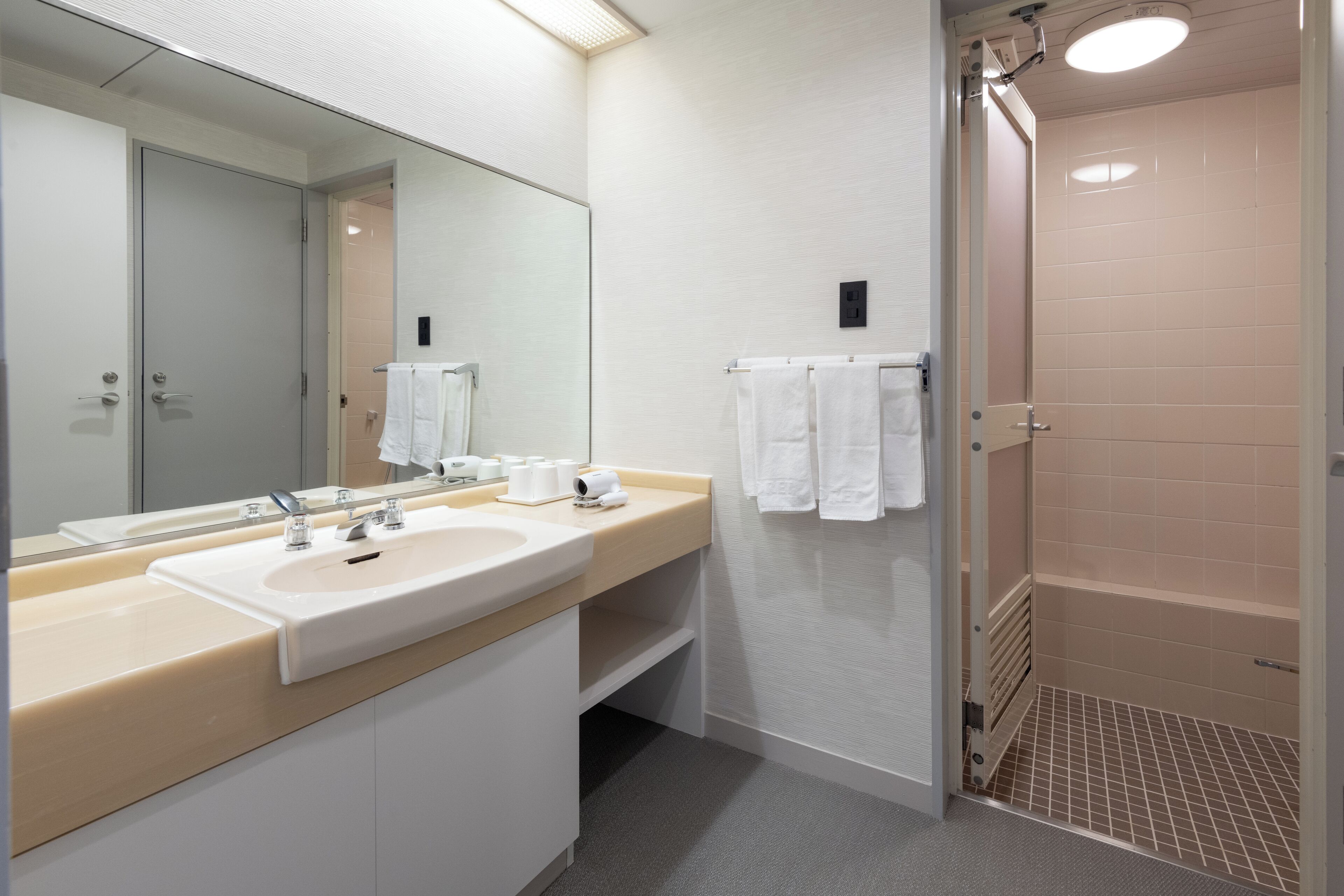 Une salle de bain moderne avec un grand miroir, deux lavabos, une douche et un porte-serviettes.