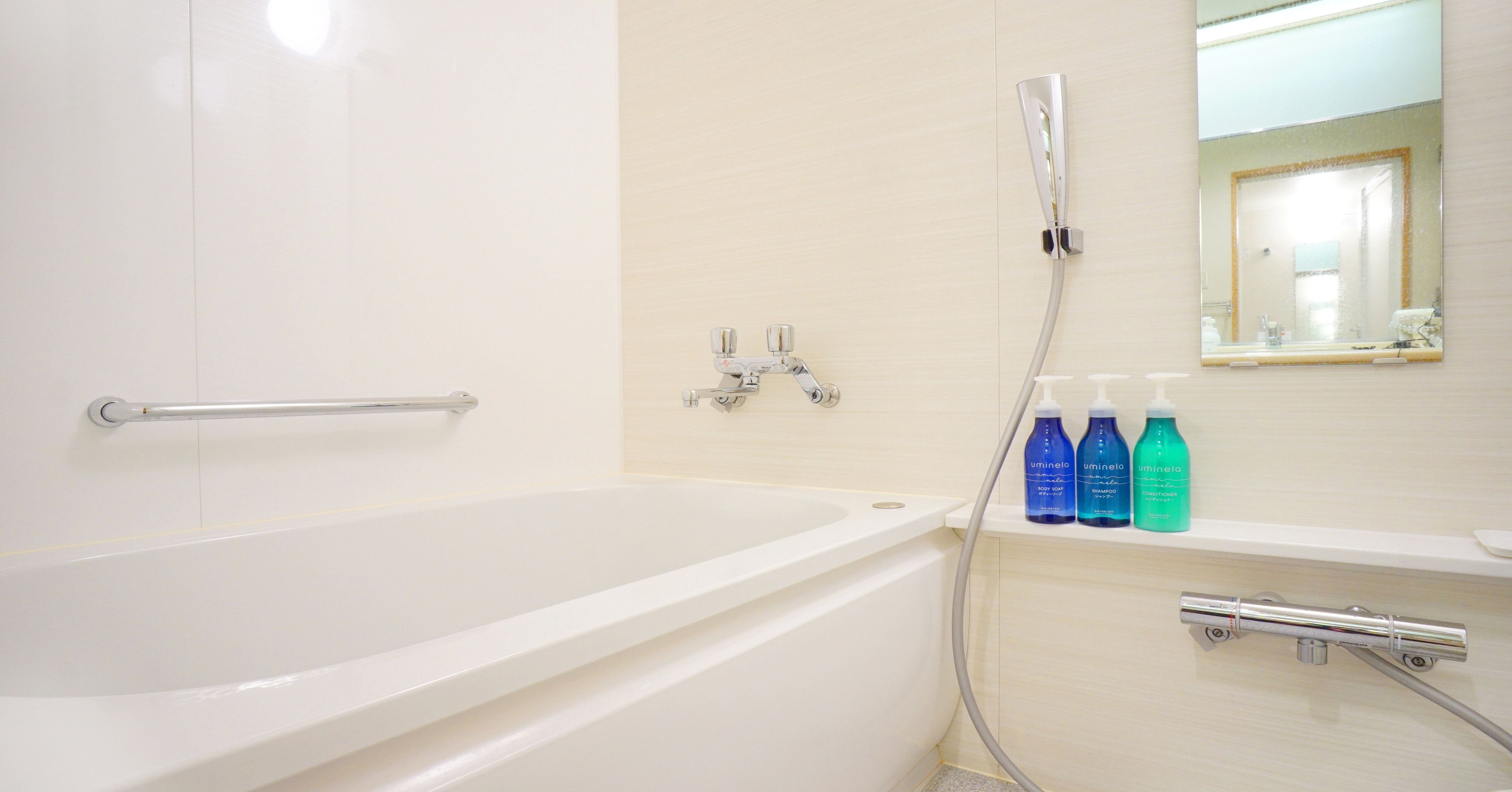 Un baño moderno con una bañera blanca, un cabezal de ducha manual y tres botellas de champú en una estantería.