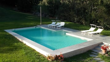 Seasonal outdoor pool, pool umbrellas, pool loungers