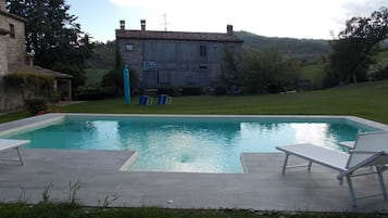 Seasonal outdoor pool, pool umbrellas, pool loungers