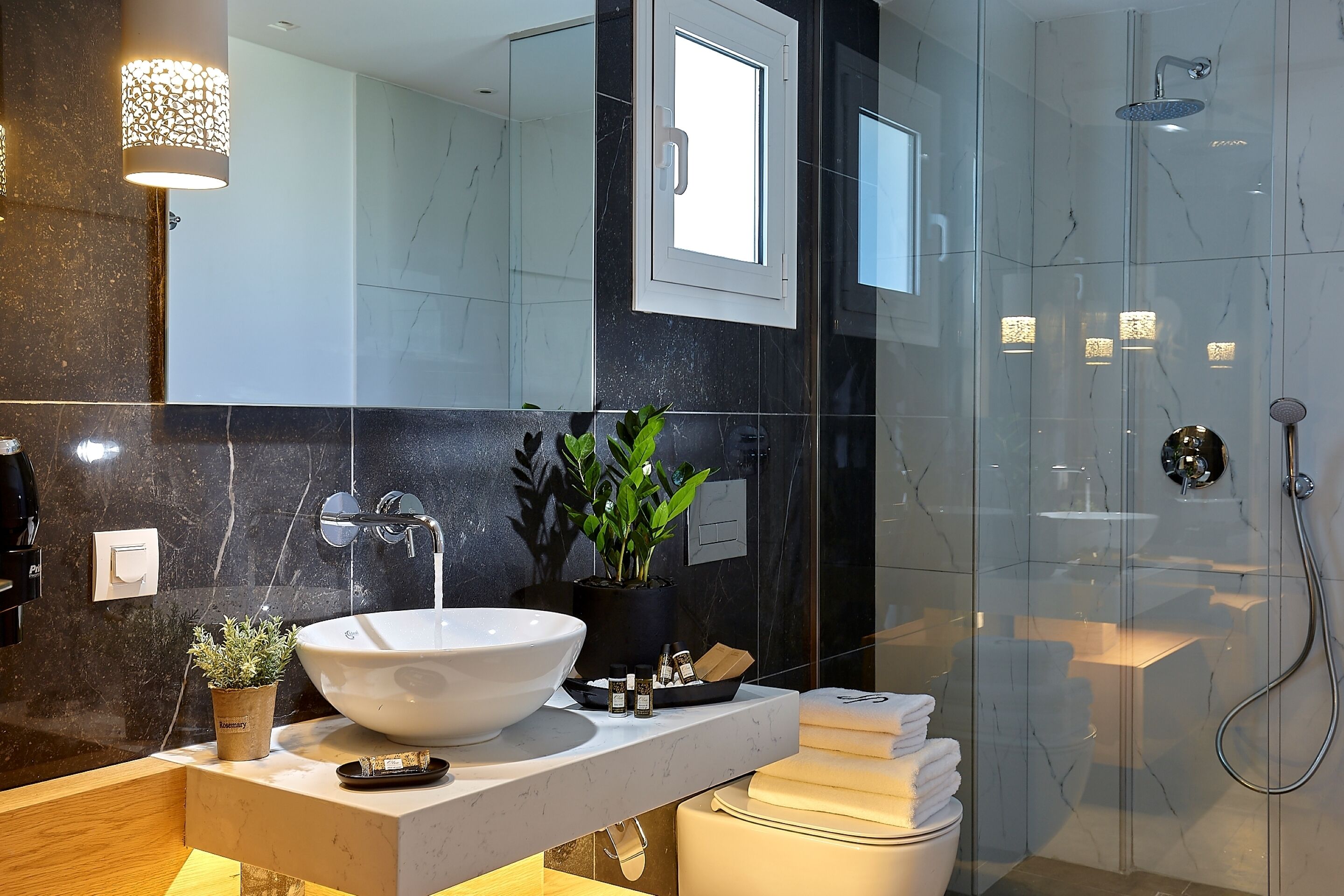 Ein modernes Badezimmer mit einem großen weißen Waschbecken, einer Duschkabine und einem Blumentopf auf der Ablagefläche.