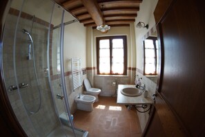 A bathroom with a shower, toilet, bidet, and sink.
