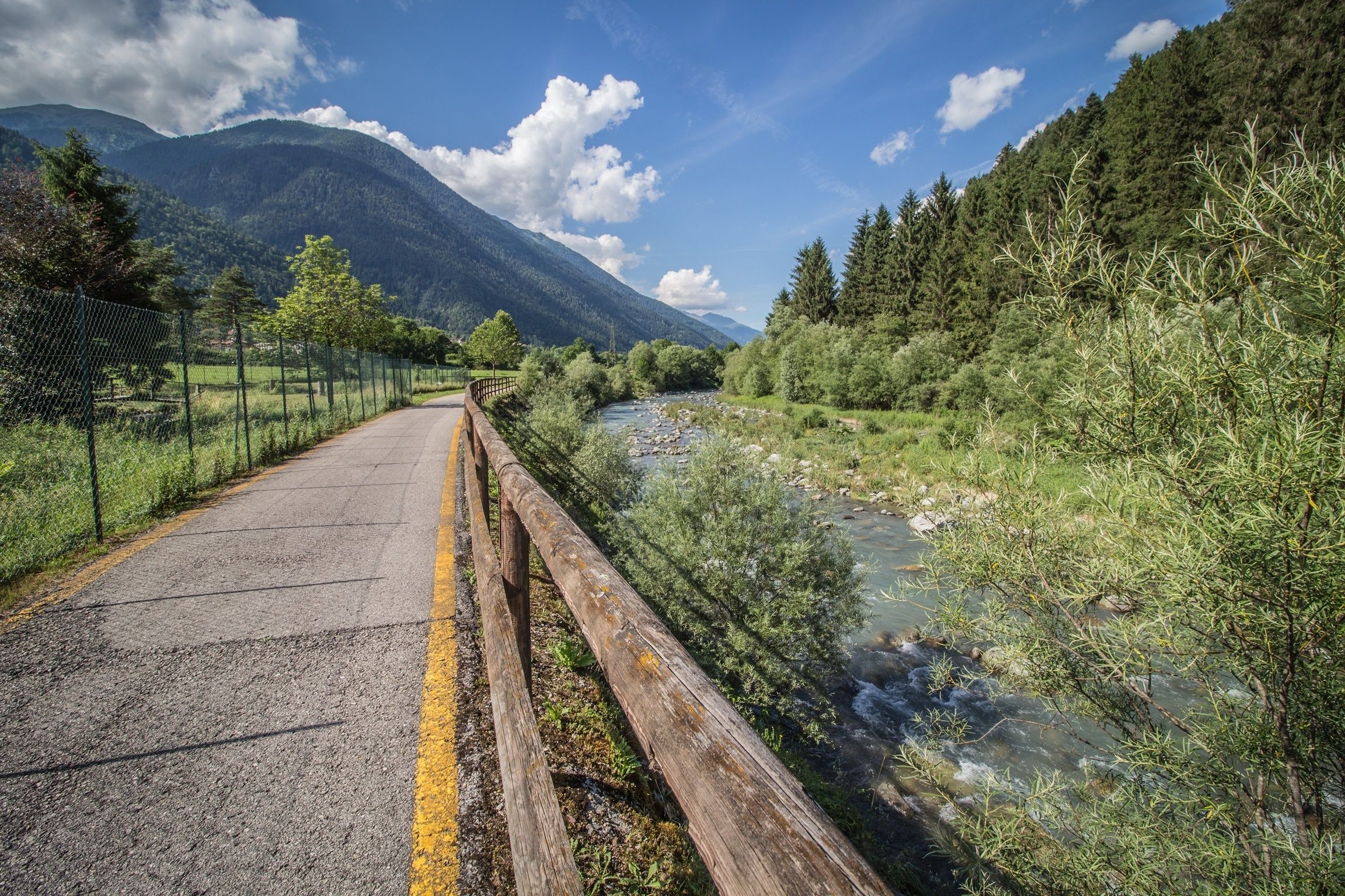 A paved road with a wooden guardrail, flanked by lush greenery and a river.