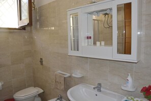 A bathroom with a toilet, sink, and mirror.