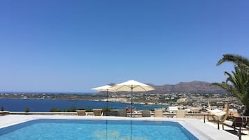 Seasonal outdoor pool, pool umbrellas, pool loungers