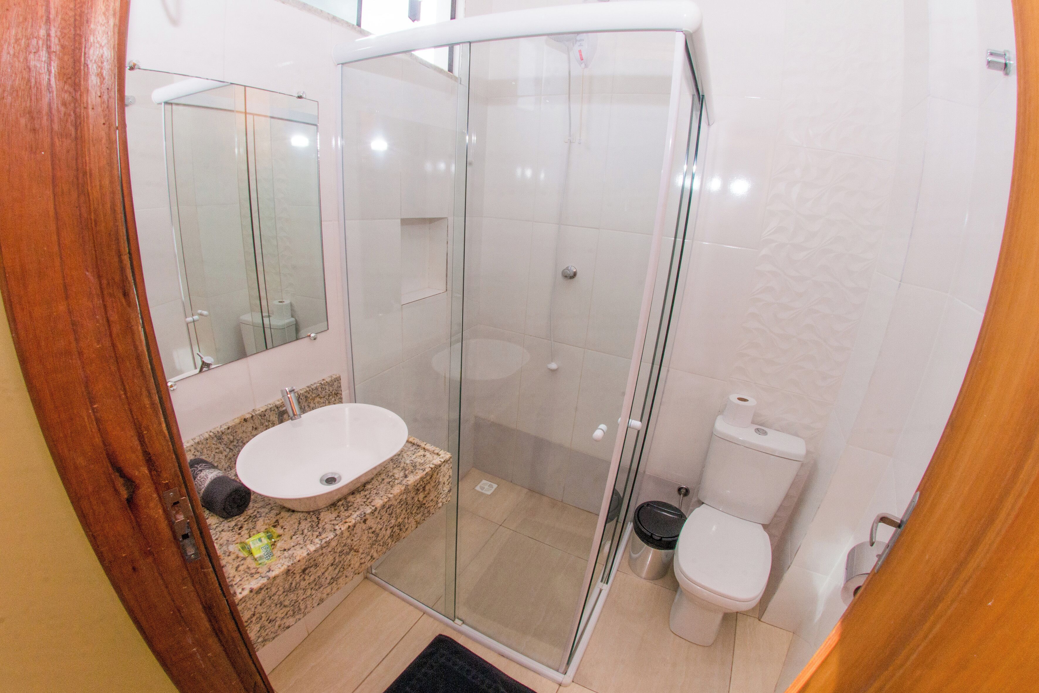 standard triple room | bathroom | shower, hair dryer, towels