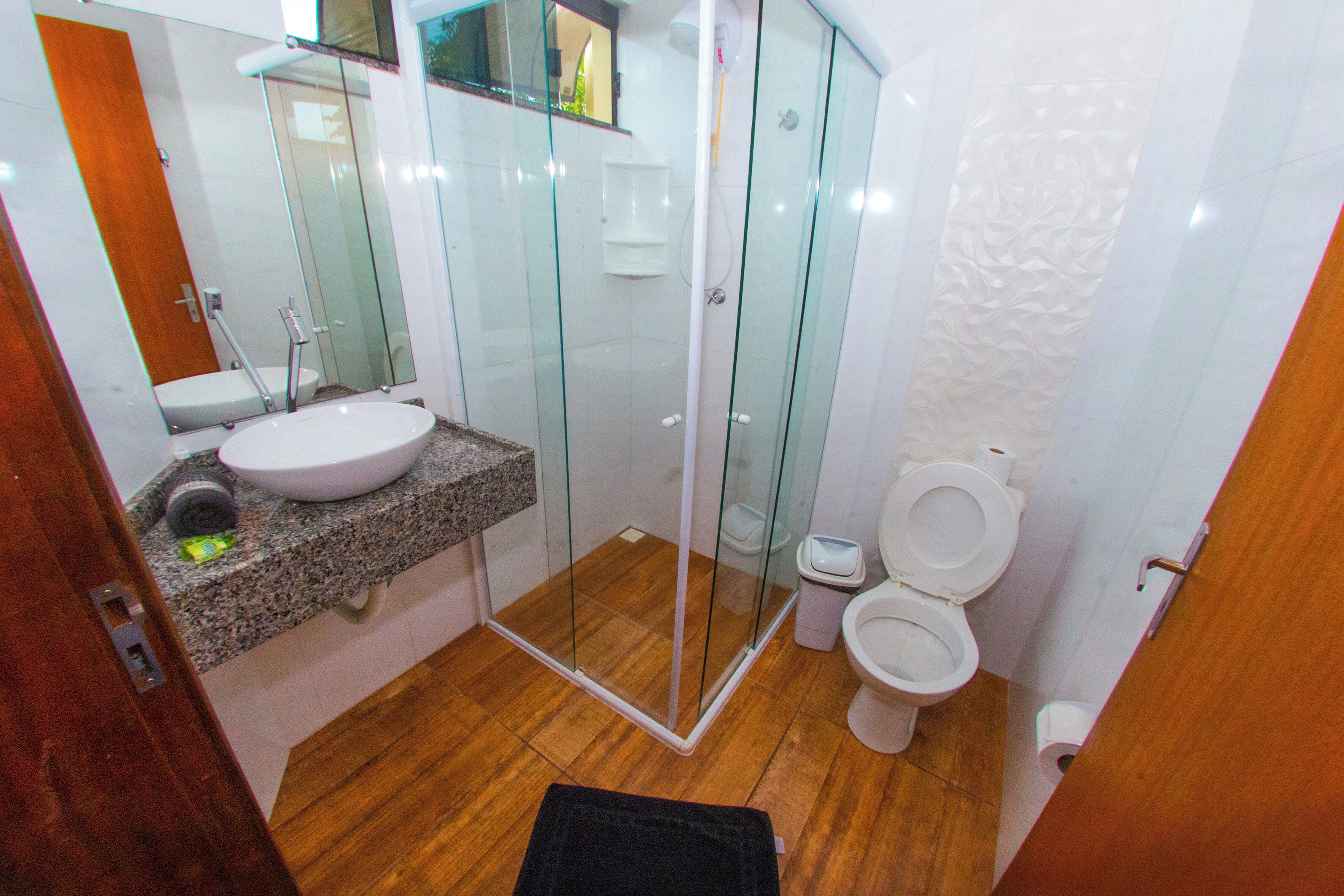 family room | bathroom | shower, hair dryer, towels