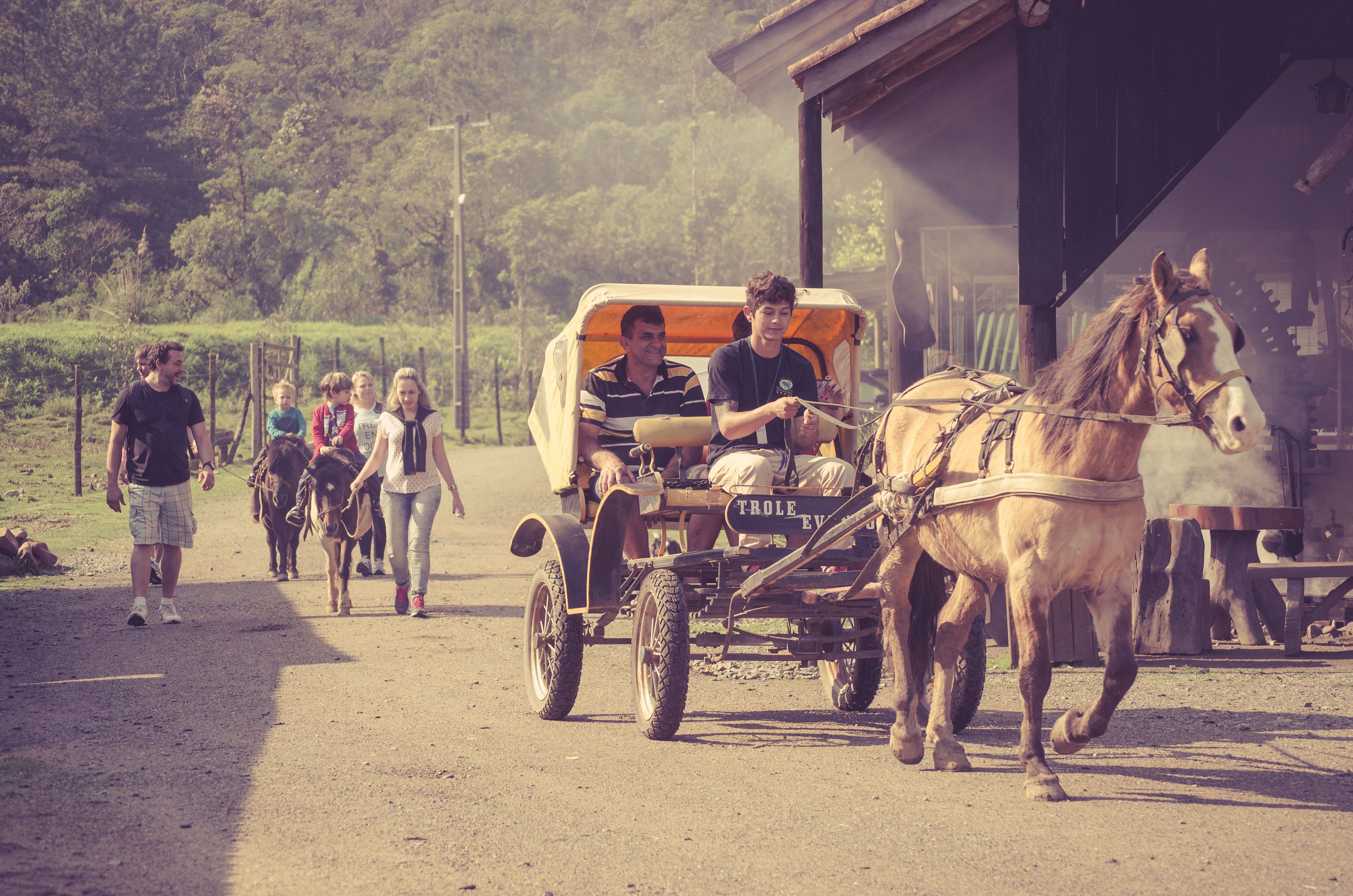 A group of people walking alongside a horse-drawn carriage on a dirt road.