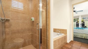 Combined shower/tub, hair dryer, towels, soap