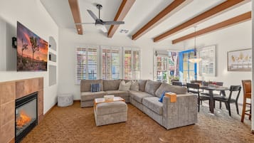 Flat-screen TV, fireplace, offices