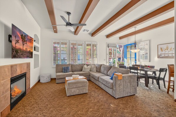 Flat-screen TV, fireplace, offices