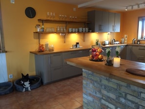 A kitchen with grey cabinets, a wooden countertop, and a dog bed. - Flyingehus Gårdshotell (Flyinge)