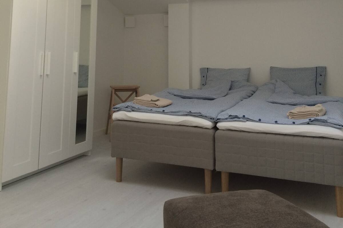 A bedroom with a bed, a wardrobe, and a skylight.