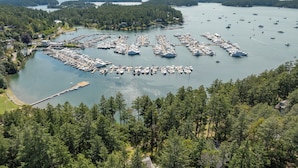 An aerial view of a marina with numerous boats docked, surrounded by dense forest and a large body of water. - San Juan Island, Roche Harbor Overlook #196 (Roche Harbor)
