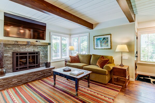 TV, fireplace, DVD player, books