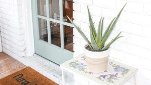 Eine Fassade aus weißen Ziegelsteinen mit einer grünen Tür, ein Topf mit einer Aloe-Pflanze auf einem kleinen Tisch und eine Fußmatte mit dem Aufdruck "Plaza Vida".