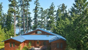 Une cabane avec un toit en métal bleu, entourée d’une forêt dense et accessible par un chemin de gravier menant à l’entrée.