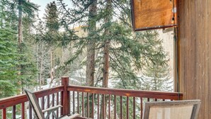 Eine Holzdielen-Terrasse mit Metallgeländer, die einen Blick auf eine bewaldete Landschaft mit hoch aufragenden Nadelbäumen bietet.