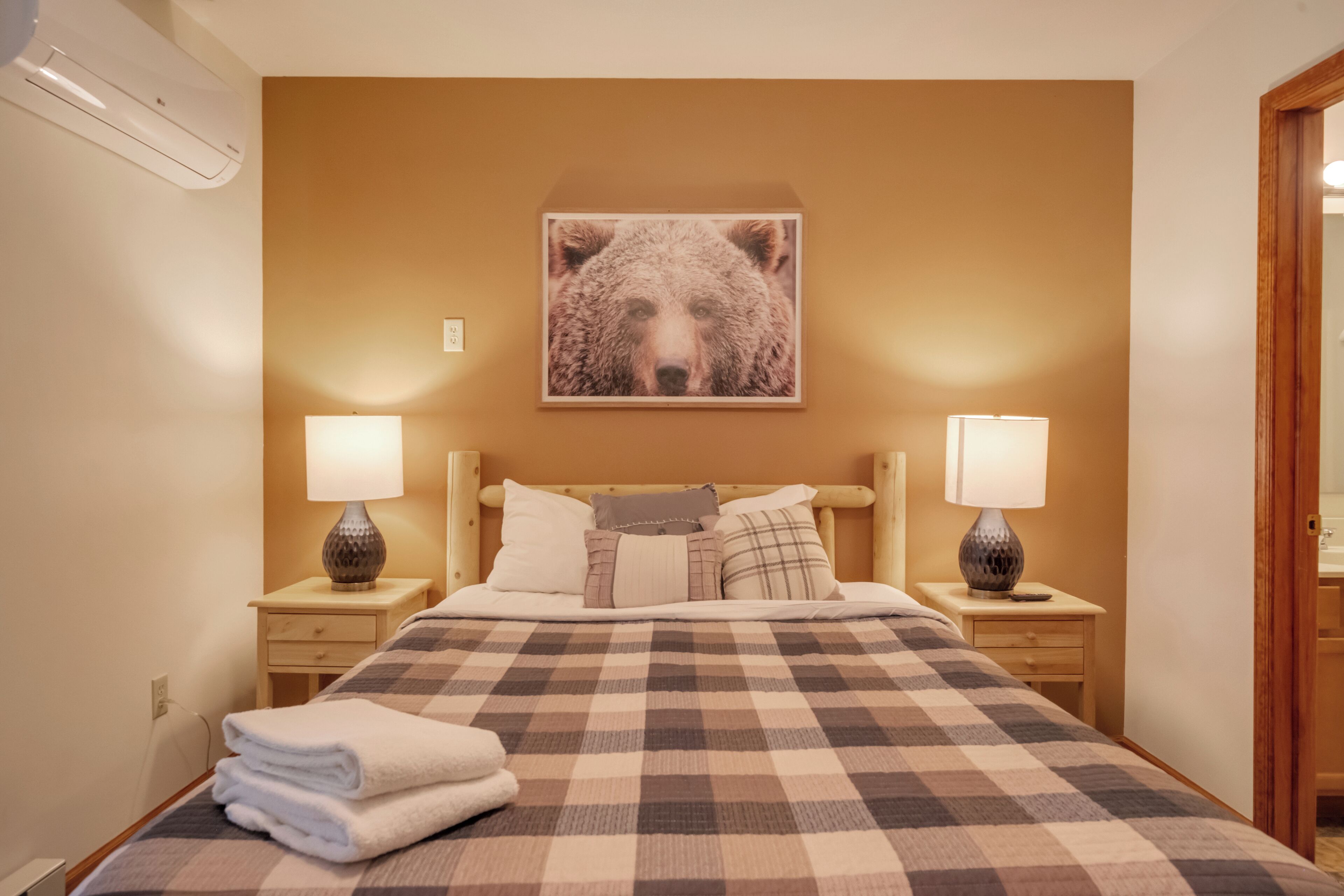 A bedroom with a checkered bedspread, two bedside lamps, a wall-mounted picture of a bear, and a wooden headboard.
