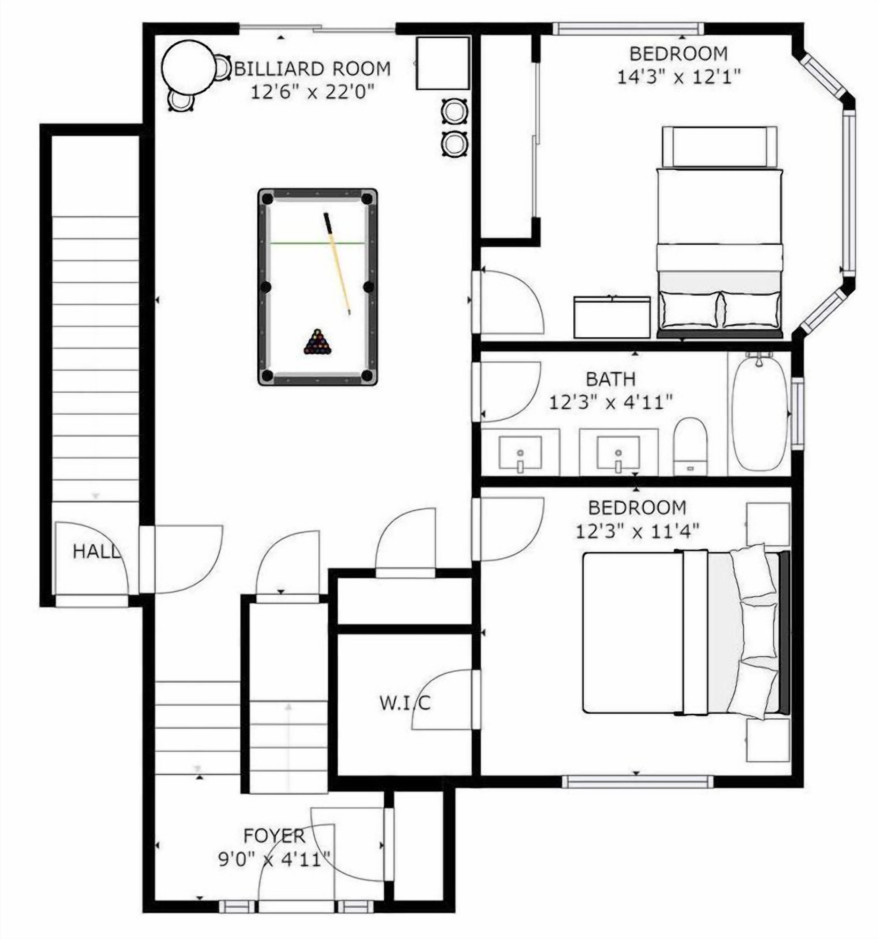 Planta baixa de um quarto de hotel com sala de bilhar, dois quartos, um banheiro, hall de entrada e corredor.