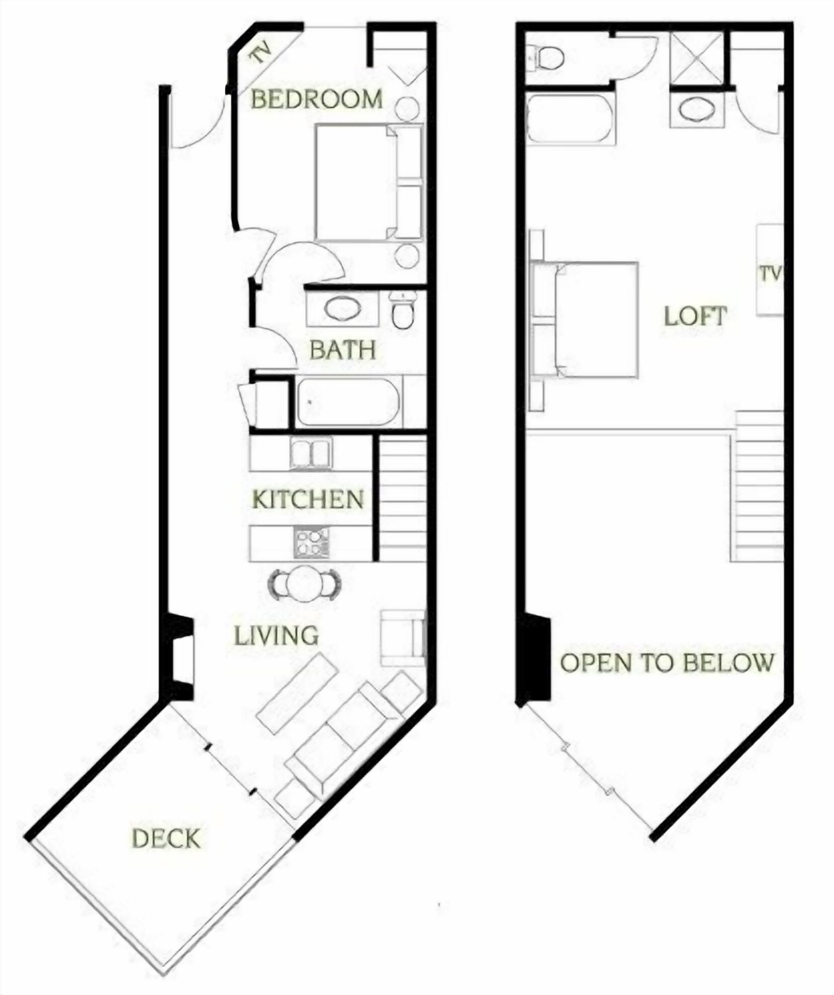 A floor plan of a house with a bedroom, bathroom, kitchen, living room, and a deck.