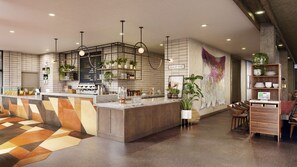 Una cafeteria moderna amb zona de bar, seients i un panell amb el menú.