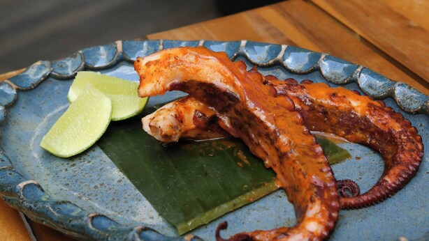 Un plato con pulpo a la parrilla y gajos de lima.