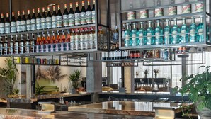 Una zona de bar con una barra alargada, varios estantes llenos de botellas y tres taburetes de bar estampados.