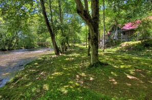 Een vakantiehuis aan de rivier met een veranda, omgeven door weelderige begroeiing en bomen.