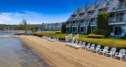 Lake Charlevoix Views from Above | Private Balcony + Beach Access | Fireplace