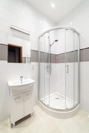 Shower, free toiletries, hair dryer, towels