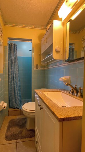 Ein Badezimmer mit Toilette, Waschbecken und Dusche.