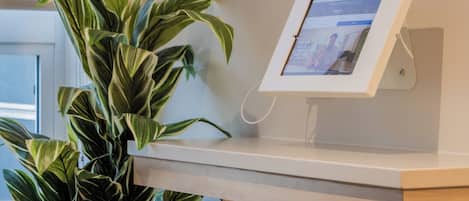 Een receptiebalie met een vastgezet digitaal kiosk en een grote kamerplant ernaast.