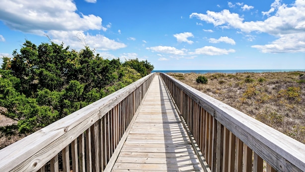 Un paseo marítimo de madera que conduce a una playa, con vegetación verde en un lado y un cielo azul despejado.