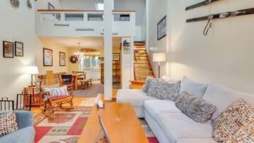 TV, fireplace, books