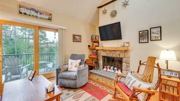 TV, fireplace, books