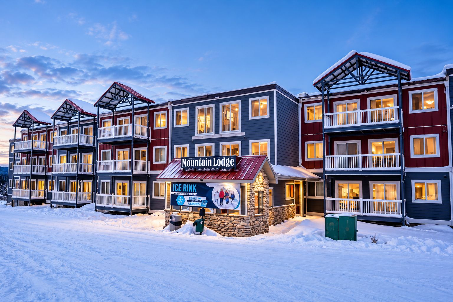 Ein mehrstöckiges Hotel mit Balkonen, einer Steinfassade und einem Schild für 'Mountain Lodge' und 'Ice Rink'.
