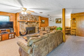 TV, fireplace, DVD player, books
