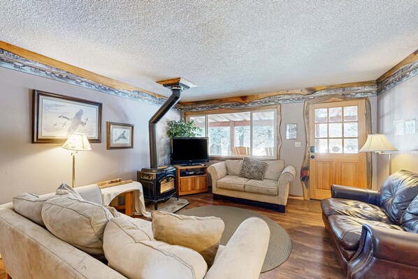 TV, fireplace, DVD player, video library